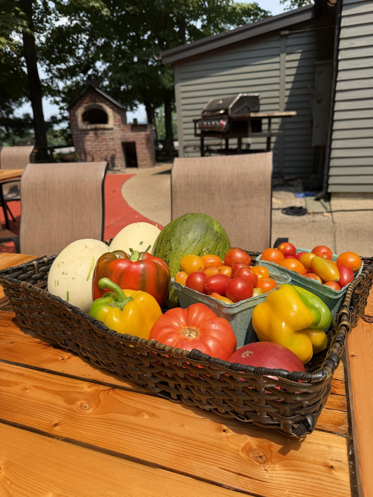 A basket of heirloom vegetables from Sunrise Farms Market
