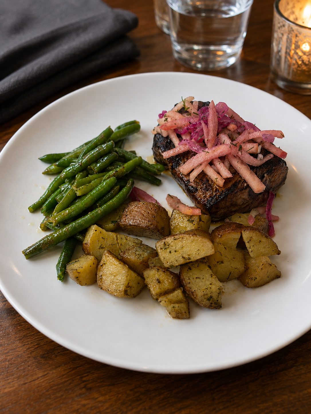Grilled pork tenderloin with apple fennel slaw, roasted red potatoes, and green beans in the Dining House